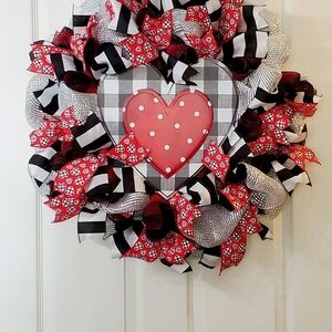 Charming Heart Wreath with Red and Silver Ribbons